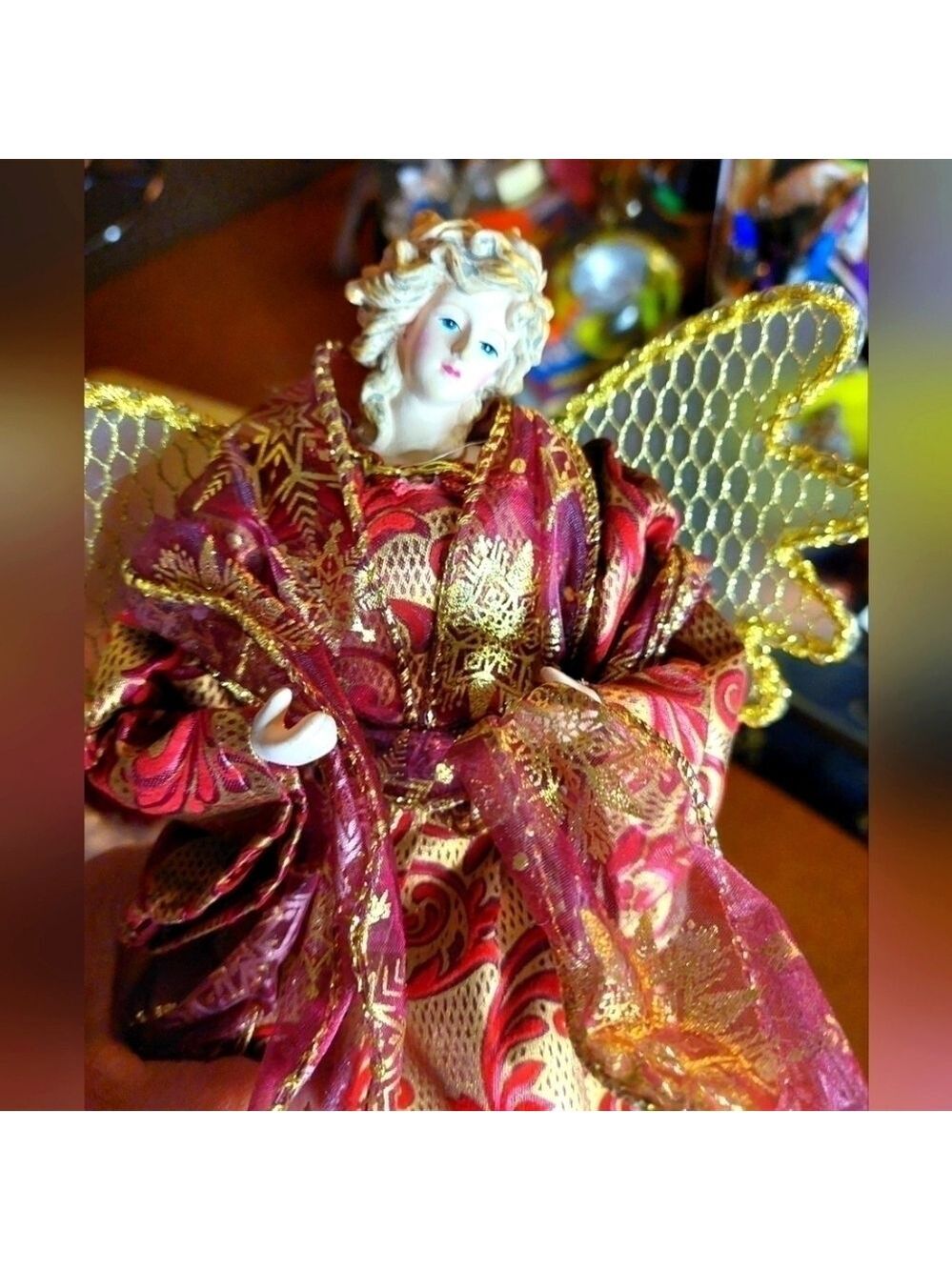 NWOT. Vintage* Angel Tree Topper, Burgandy & Gold Gown